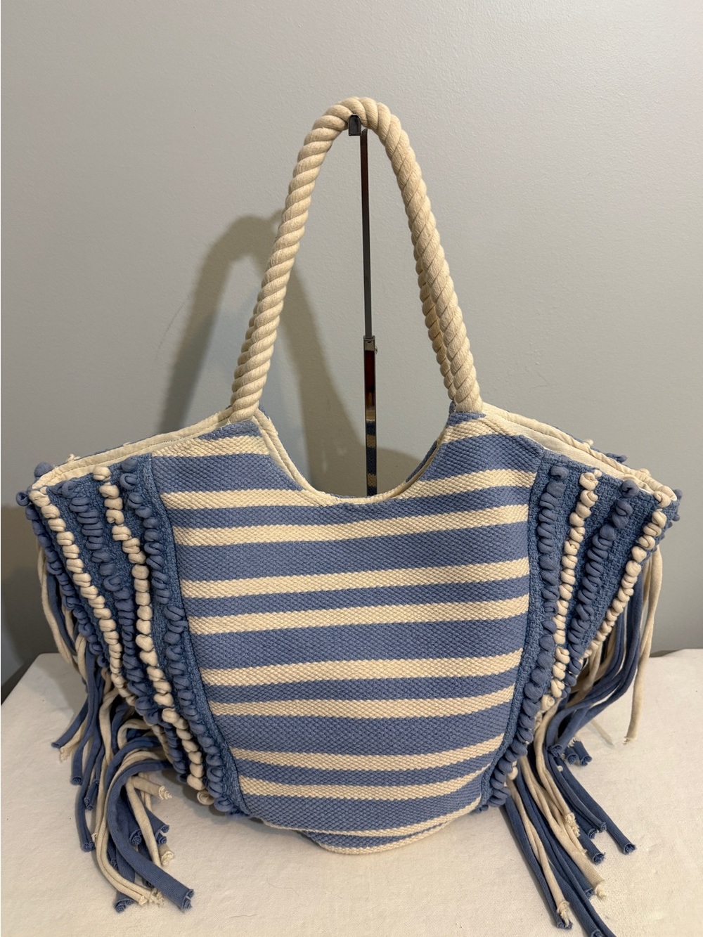 Striped Blue & Cream Fringe Tote Bag Rope Handles - Picture 2 of 16